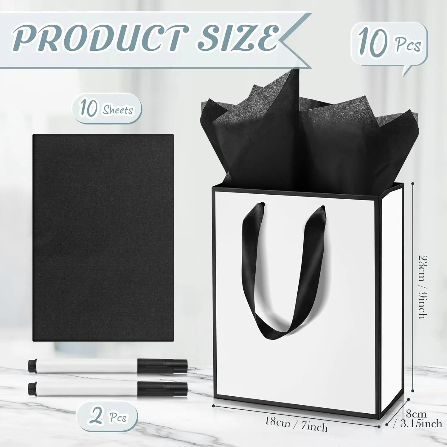 Yeaqee 10 Pack Metallic Paper Gift Bags with Handles Tissue Paper Thank You 5 Senses Gift Bags for Him Her Graduation Baby Shower Wedding Bridal Shower Groomsmen Favor 9 x 7 x 3.15''(White, Black)
