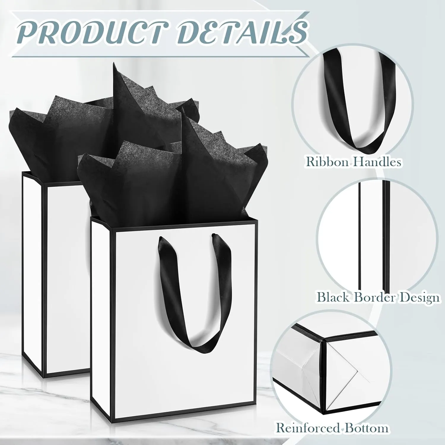 Yeaqee 10 Pack Metallic Paper Gift Bags with Handles Tissue Paper Thank You 5 Senses Gift Bags for Him Her Graduation Baby Shower Wedding Bridal Shower Groomsmen Favor 9 x 7 x 3.15''(White, Black)