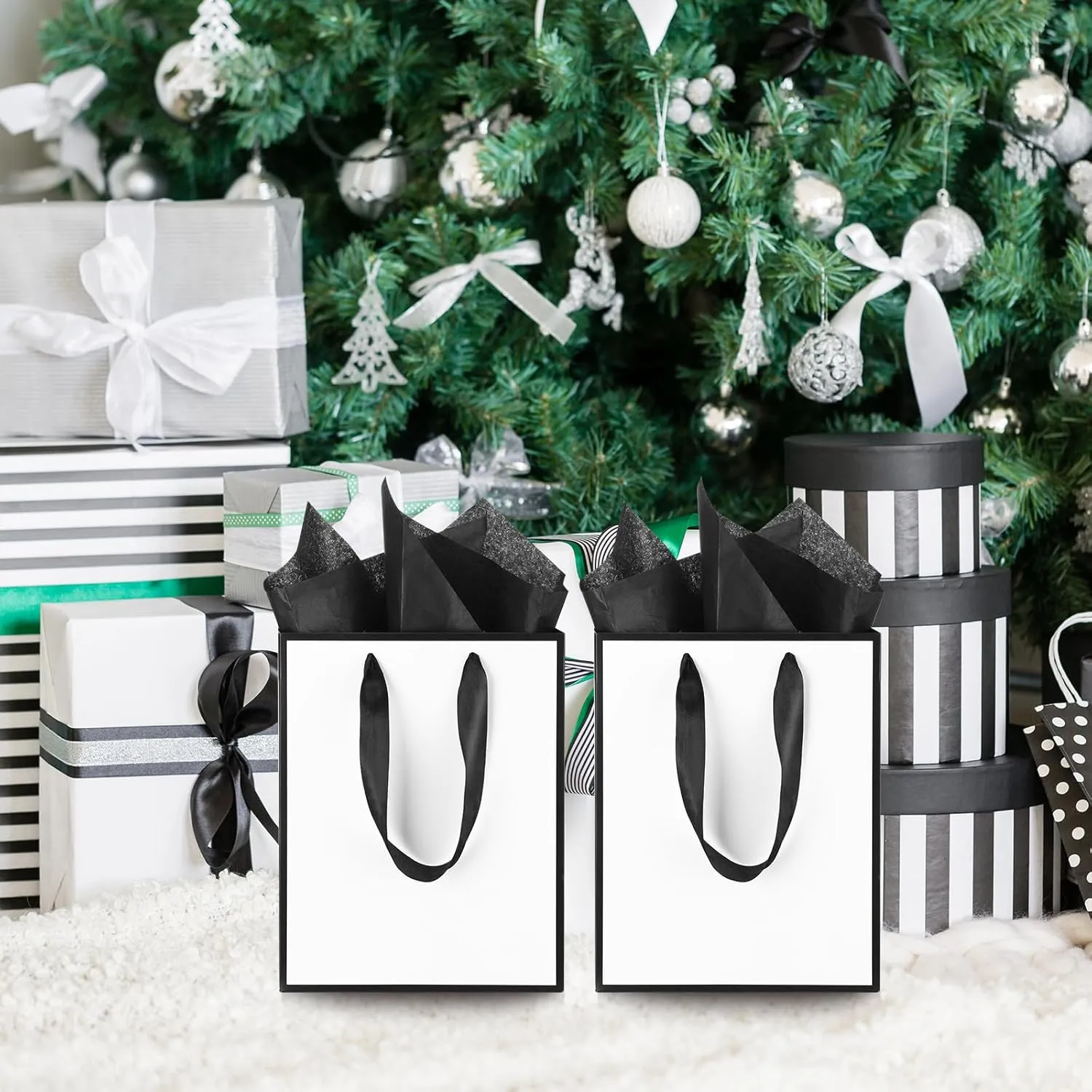 Yeaqee 10 Pack Metallic Paper Gift Bags with Handles Tissue Paper Thank You 5 Senses Gift Bags for Him Her Graduation Baby Shower Wedding Bridal Shower Groomsmen Favor 9 x 7 x 3.15''(White, Black)