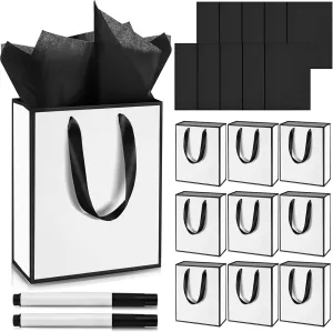 Yeaqee 10 Pack Metallic Paper Gift Bags with Handles Tissue Paper Thank You 5 Senses Gift Bags for Him Her Graduation Baby Shower Wedding Bridal Shower Groomsmen Favor 9 x 7 x 3.15''(White, Black)