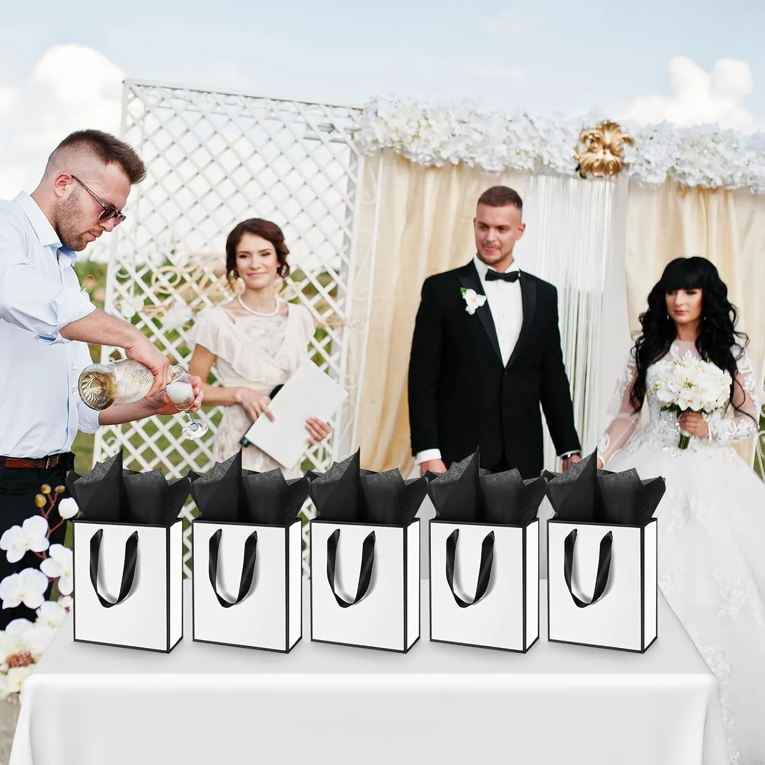 Yeaqee 50 Pack Metallic Gift Bags with Handle and Tissue Paper for Wedding Graduation Holiday Bridesmaid Thank You 5 Senses Gift Bag for Her Him Birthday 9 x 7 x 3.15''(White and Black)
