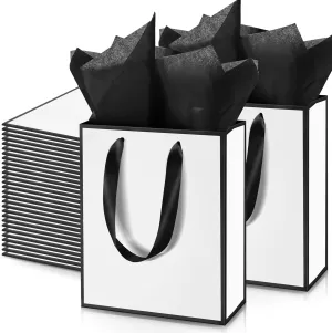Yeaqee 50 Pack Metallic Gift Bags with Handle and Tissue Paper for Wedding Graduation Holiday Bridesmaid Thank You 5 Senses Gift Bag for Her Him Birthday 9 x 7 x 3.15''(White and Black)