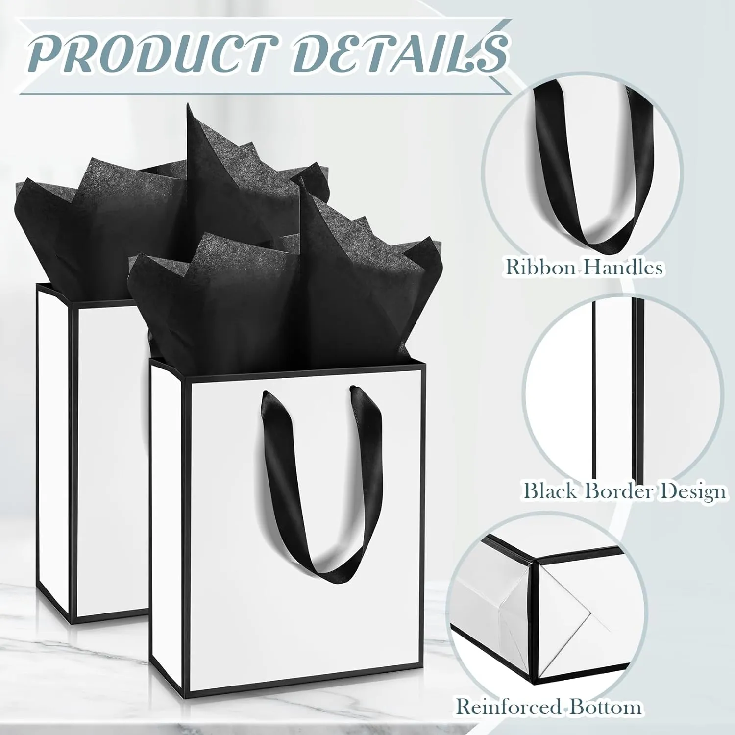 Yeaqee 50 Pack Metallic Gift Bags with Handle and Tissue Paper for Wedding Graduation Holiday Bridesmaid Thank You 5 Senses Gift Bag for Her Him Birthday 9 x 7 x 3.15''(White and Black)
