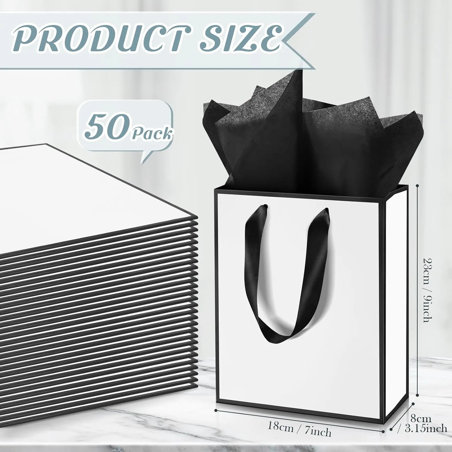 Yeaqee 50 Pack Metallic Gift Bags with Handle and Tissue Paper for Wedding Graduation Holiday Bridesmaid Thank You 5 Senses Gift Bag for Her Him Birthday 9 x 7 x 3.15''(White and Black)