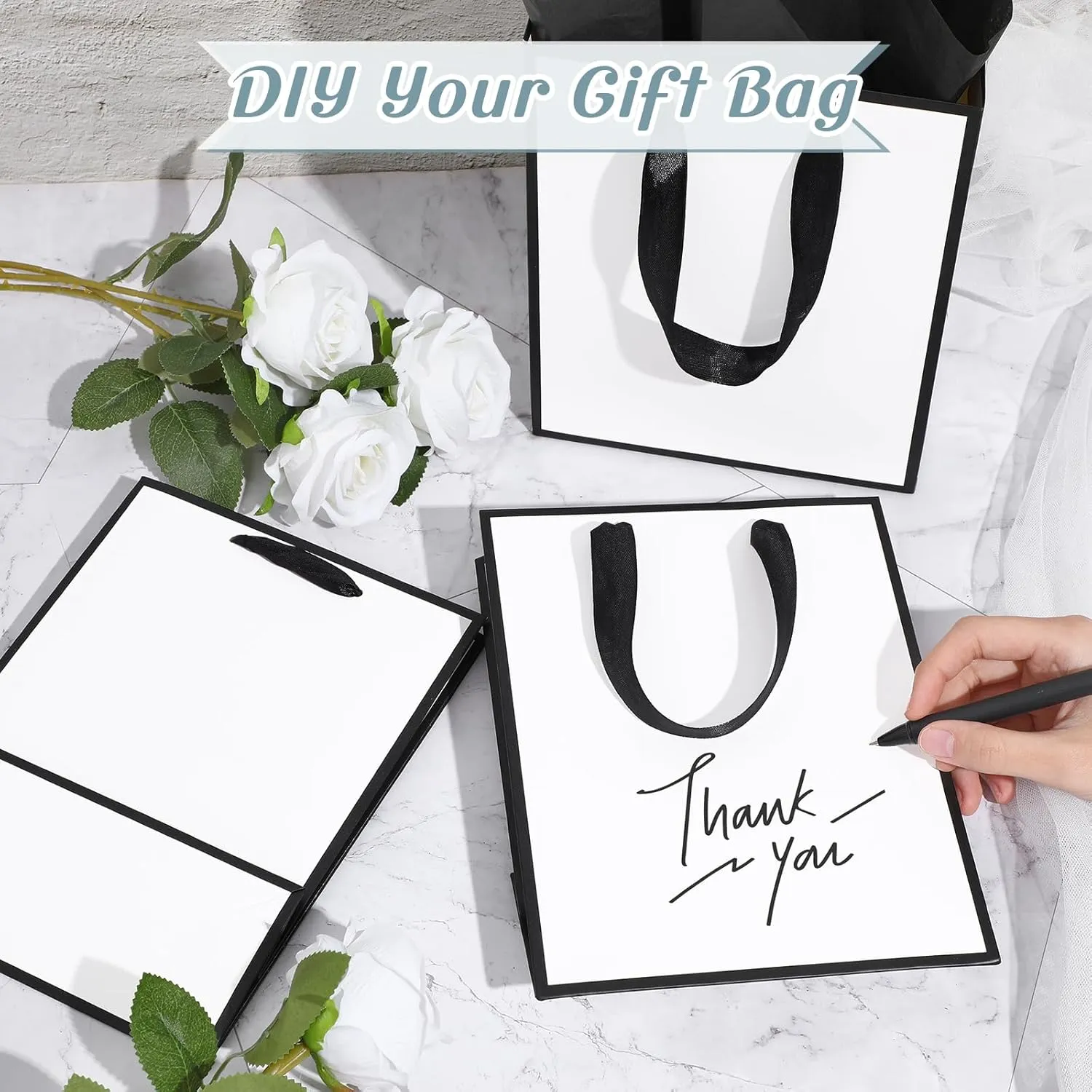 Yeaqee 50 Pack Metallic Gift Bags with Handle and Tissue Paper for Wedding Graduation Holiday Bridesmaid Thank You 5 Senses Gift Bag for Her Him Birthday 9 x 7 x 3.15''(White and Black)
