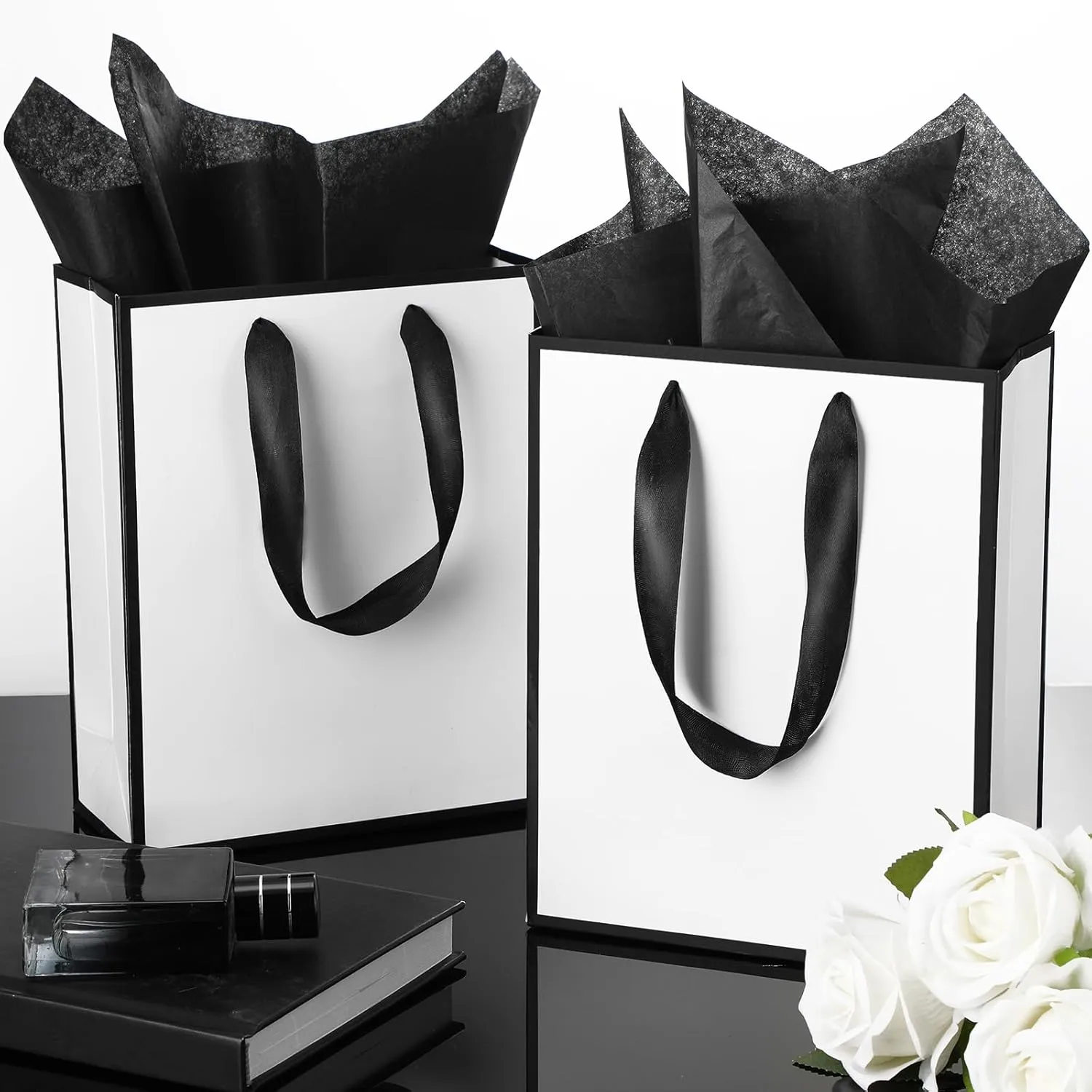Yeaqee 50 Pack Metallic Gift Bags with Handle and Tissue Paper for Wedding Graduation Holiday Bridesmaid Thank You 5 Senses Gift Bag for Her Him Birthday 9 x 7 x 3.15''(White and Black)