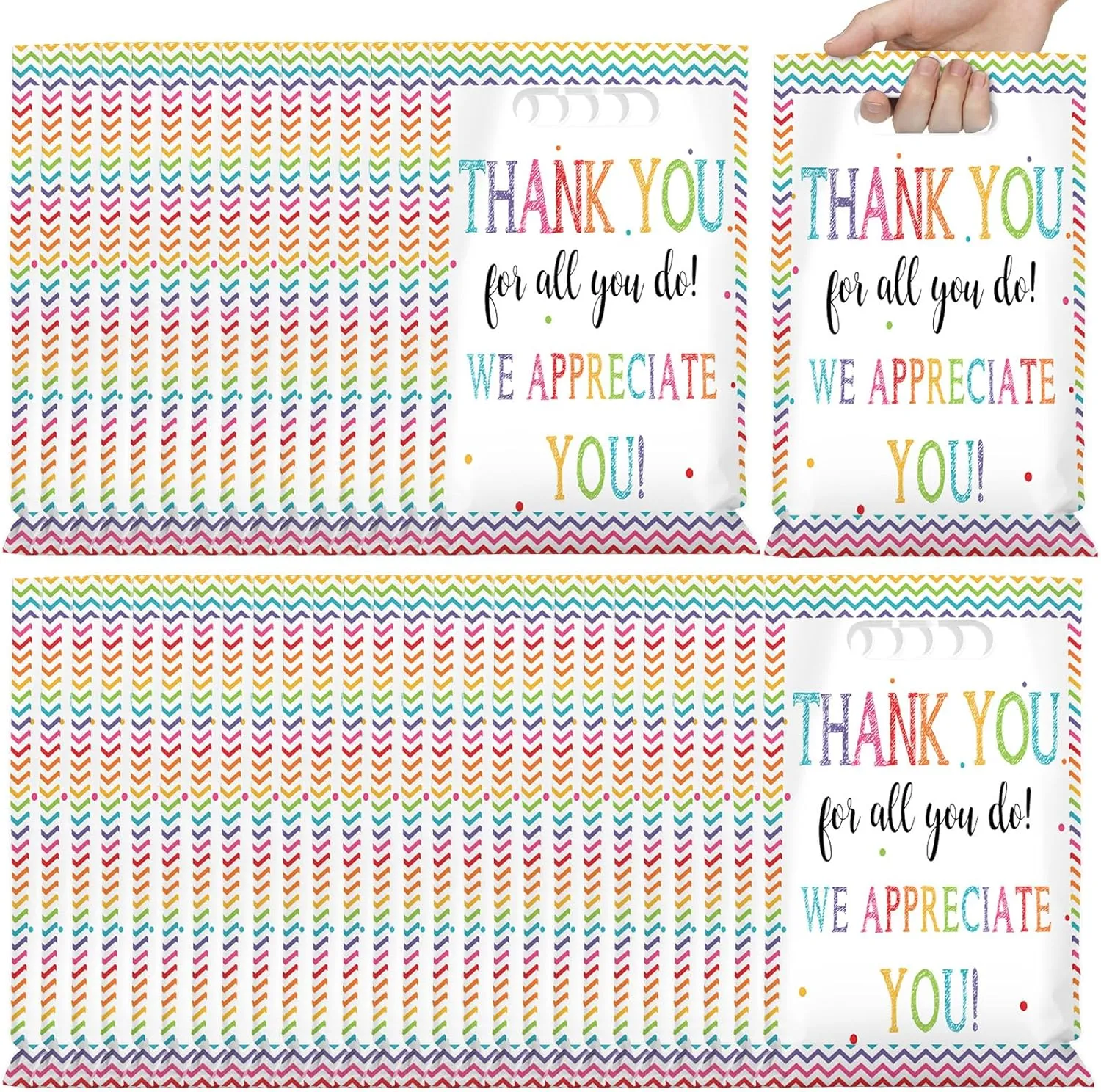 Yinder 50 Pcs We Appreciate You Gifts Bags Bulk Thank You Plastic Goody Bags with Handles Employee Staff Pastor Volunteer Appreciation Week Treat Bags for Employee Teacher Appreciation Decorations