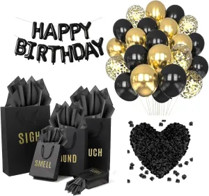 YIXAXKAO 5 Senses Gift Bags Five Senses Birthday Decorations with Tissue Paper Black Handle Paper Bags Happy Birthday Banner Balloon Party Decor for Him Husband Boyfriend (Black Gold)
