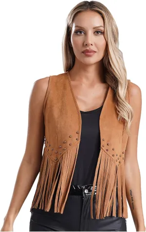 YiZYiF Women Tassel Vest 70s Hippie Sleeveless Faux Suede Vest Waistcoat Jacket Cowgirl Outfits