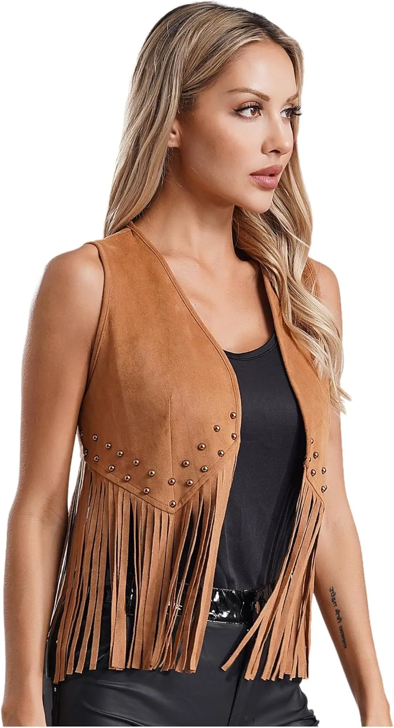 YiZYiF Women Tassel Vest 70s Hippie Sleeveless Faux Suede Vest Waistcoat Jacket Cowgirl Outfits