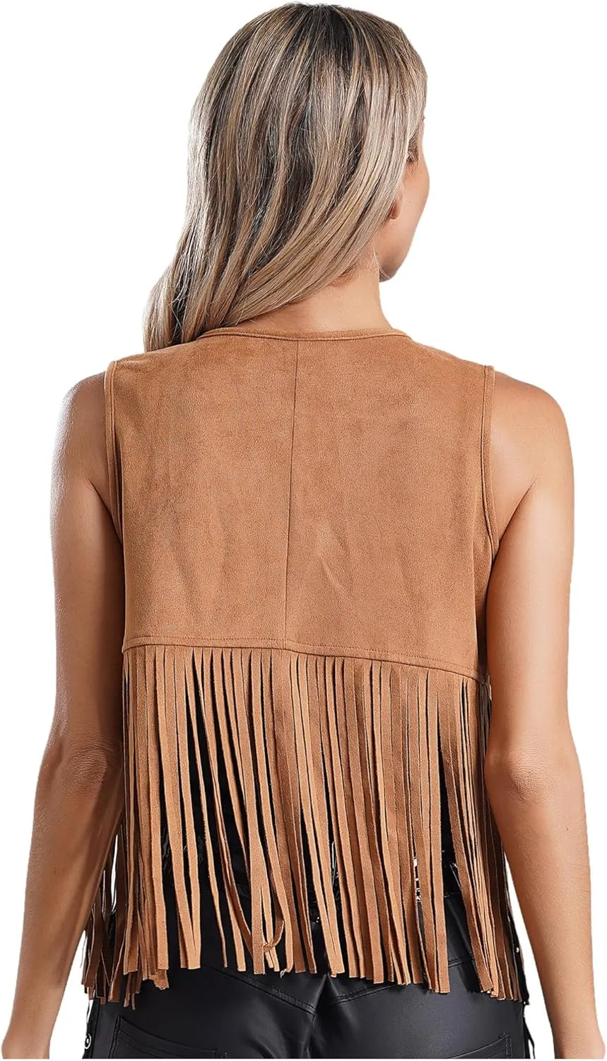YiZYiF Women Tassel Vest 70s Hippie Sleeveless Faux Suede Vest Waistcoat Jacket Cowgirl Outfits