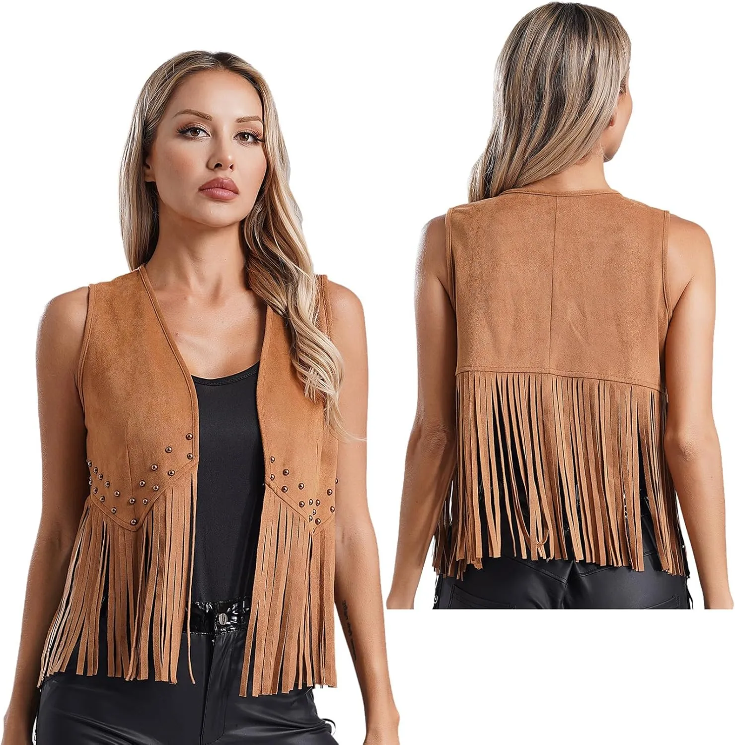 YiZYiF Women Tassel Vest 70s Hippie Sleeveless Faux Suede Vest Waistcoat Jacket Cowgirl Outfits