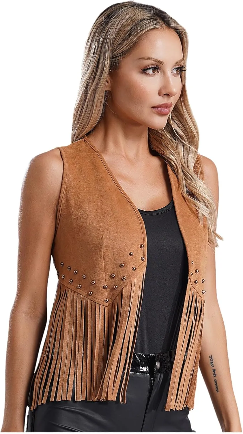 YiZYiF Women Tassel Vest 70s Hippie Sleeveless Faux Suede Vest Waistcoat Jacket Cowgirl Outfits