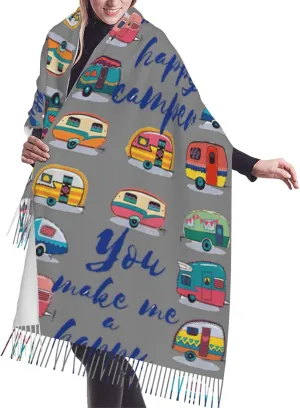 You Make Me Happy Camper Trailer print Soft and Warm Faux Cashmere Scarf Full-Width Print Design for Spring Fall Winter