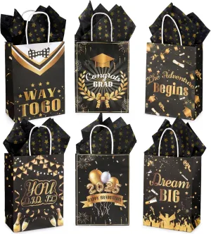 ZeffuLyne 24 Pcs Graduation Gift Bags 2025 with Tissue Paper, 6 Styles Black Gold Graduation Bag Bulk, Grad Party Favor Bag for College High School 8th Grade, 6 x 8 Inch