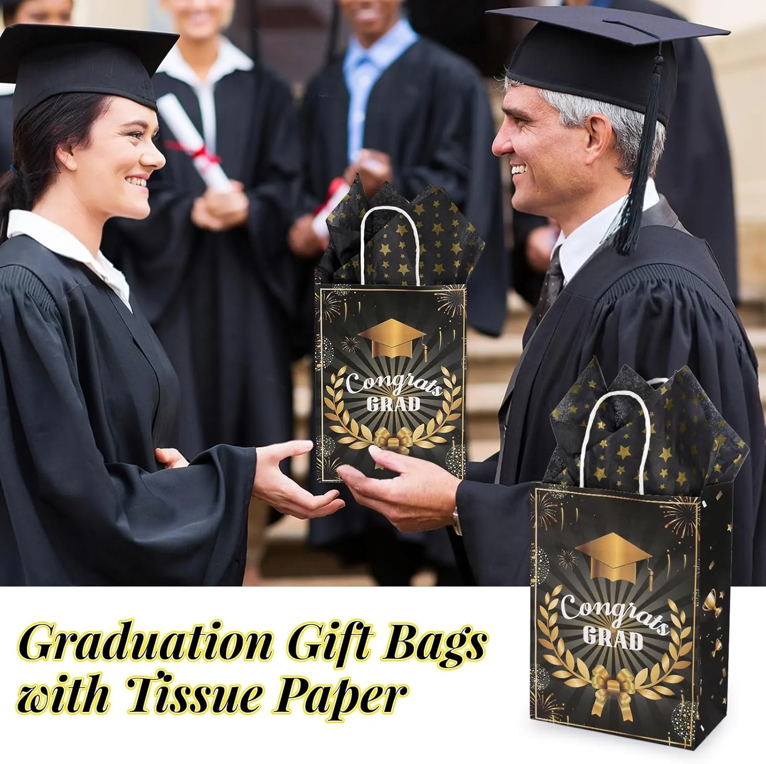 ZeffuLyne 24 Pcs Graduation Gift Bags 2025 with Tissue Paper, 6 Styles Black Gold Graduation Bag Bulk, Grad Party Favor Bag for College High School 8th Grade, 6 x 8 Inch