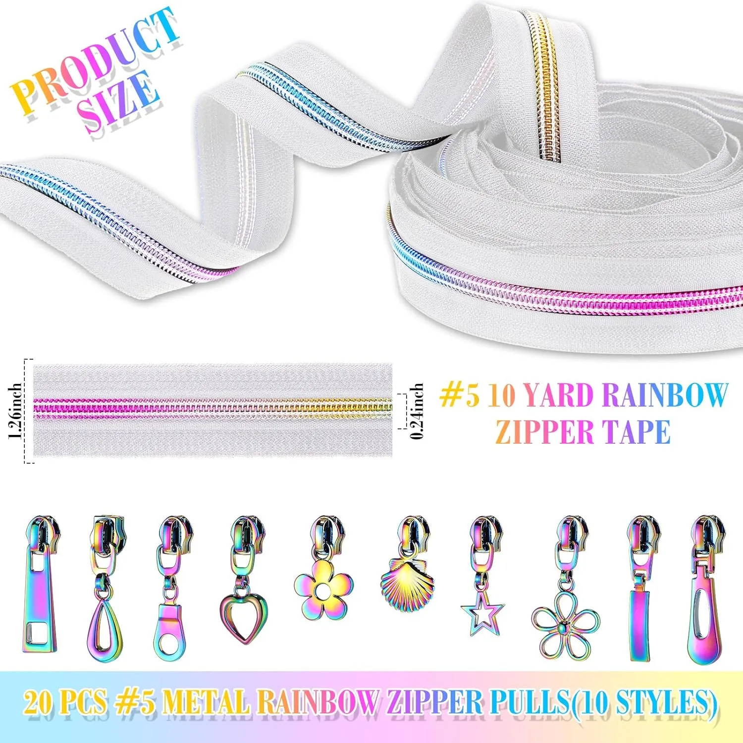 Zeyune #5 Rainbow Zipper Tape by The Yard 10 Yards Rainbow Teeth Nylon Zipper with 20 Pcs Colorful Metal Slider Pulls (10 Styles) for DIY Sewing Tailor Crafts (White)