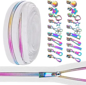 Zeyune #5 Rainbow Zipper Tape by The Yard 10 Yards Rainbow Teeth Nylon Zipper with 20 Pcs Colorful Metal Slider Pulls (10 Styles) for DIY Sewing Tailor Crafts (White)