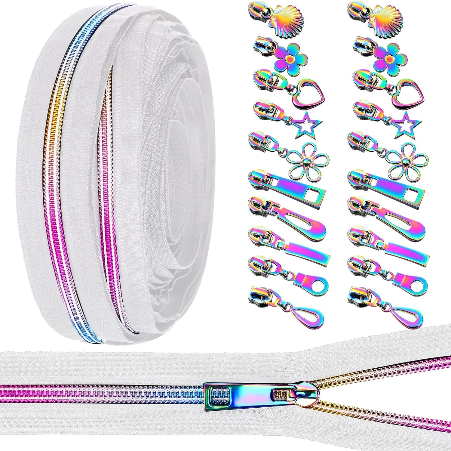 Zeyune #5 Rainbow Zipper Tape by The Yard 10 Yards Rainbow Teeth Nylon Zipper with 20 Pcs Colorful Metal Slider Pulls (10 Styles) for DIY Sewing Tailor Crafts (White)
