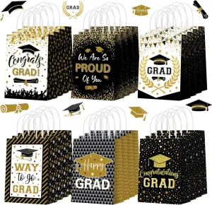 Zhanmai 24 Pcs 2025 Graduation Party Favors Bags Paper Graduation Goodie Bag Black and Gold Congratation GRAD Candy Treat Bag with Handles for High School College Graduation Party Decoration Supplies