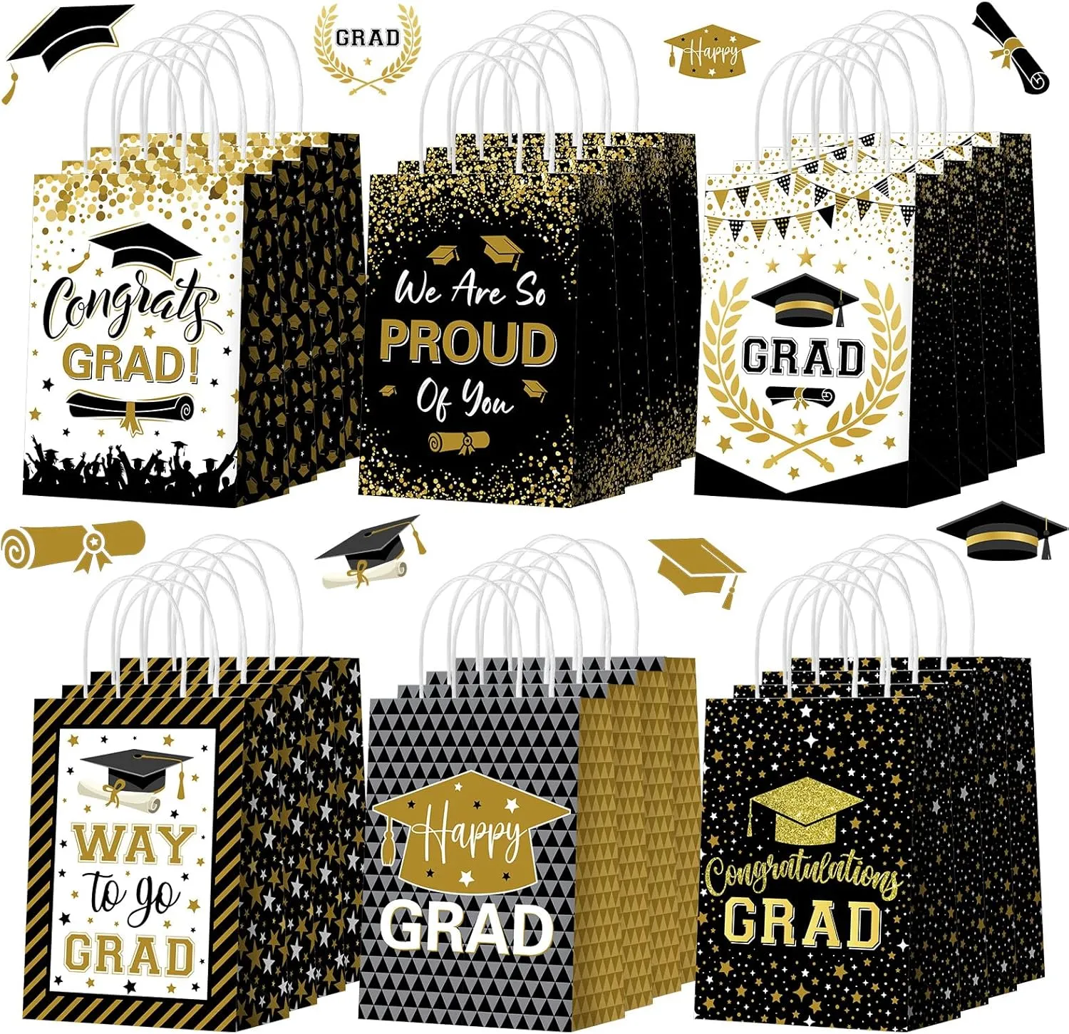 Zhanmai 24 Pcs 2025 Graduation Party Favors Bags Paper Graduation Goodie Bag Black and Gold Congratation GRAD Candy Treat Bag with Handles for High School College Graduation Party Decoration Supplies