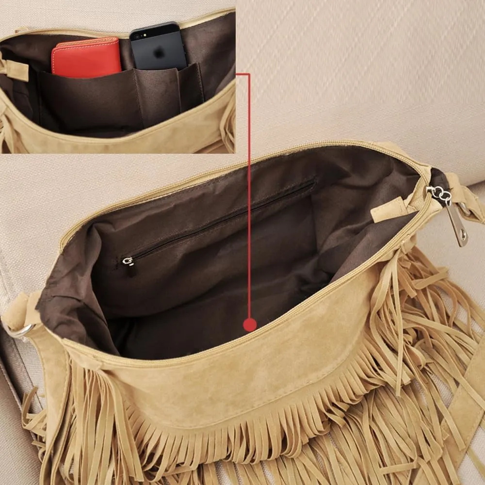 ZiMing Fringe Crossbody Bag for Women Vintage canvas Hobo Purse Handbags Shoulder Bag Boho Messenger Bags Zip Satchel Bag