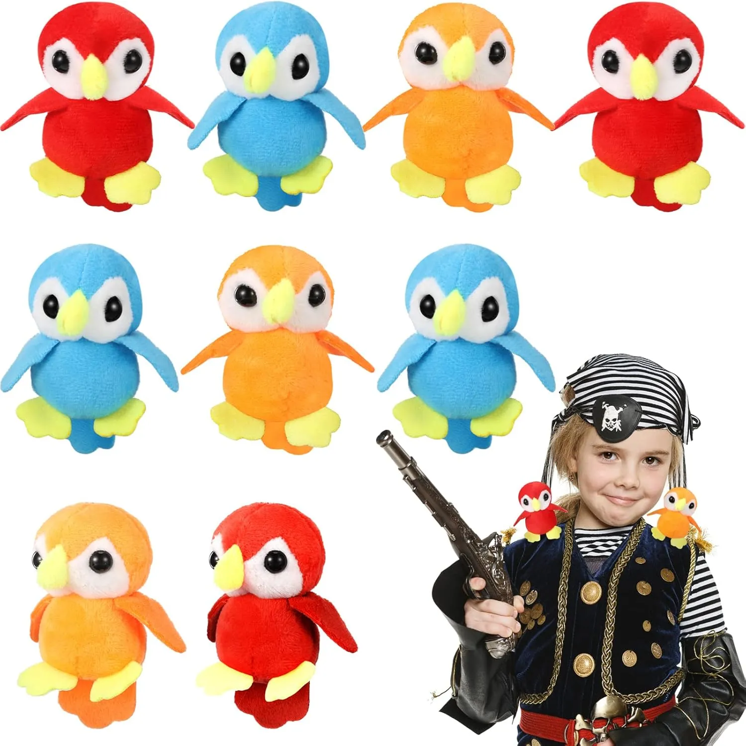 Zomiboo 9 Pieces Stuffed Parrot on Shoulder Soft Parrot Plush Animal Pirate Costume Accessory 3.5 Inch Blue Scarlet Orange Bird Toys Stuffed Bird for Holiday Pirate Party Decoration Supplies