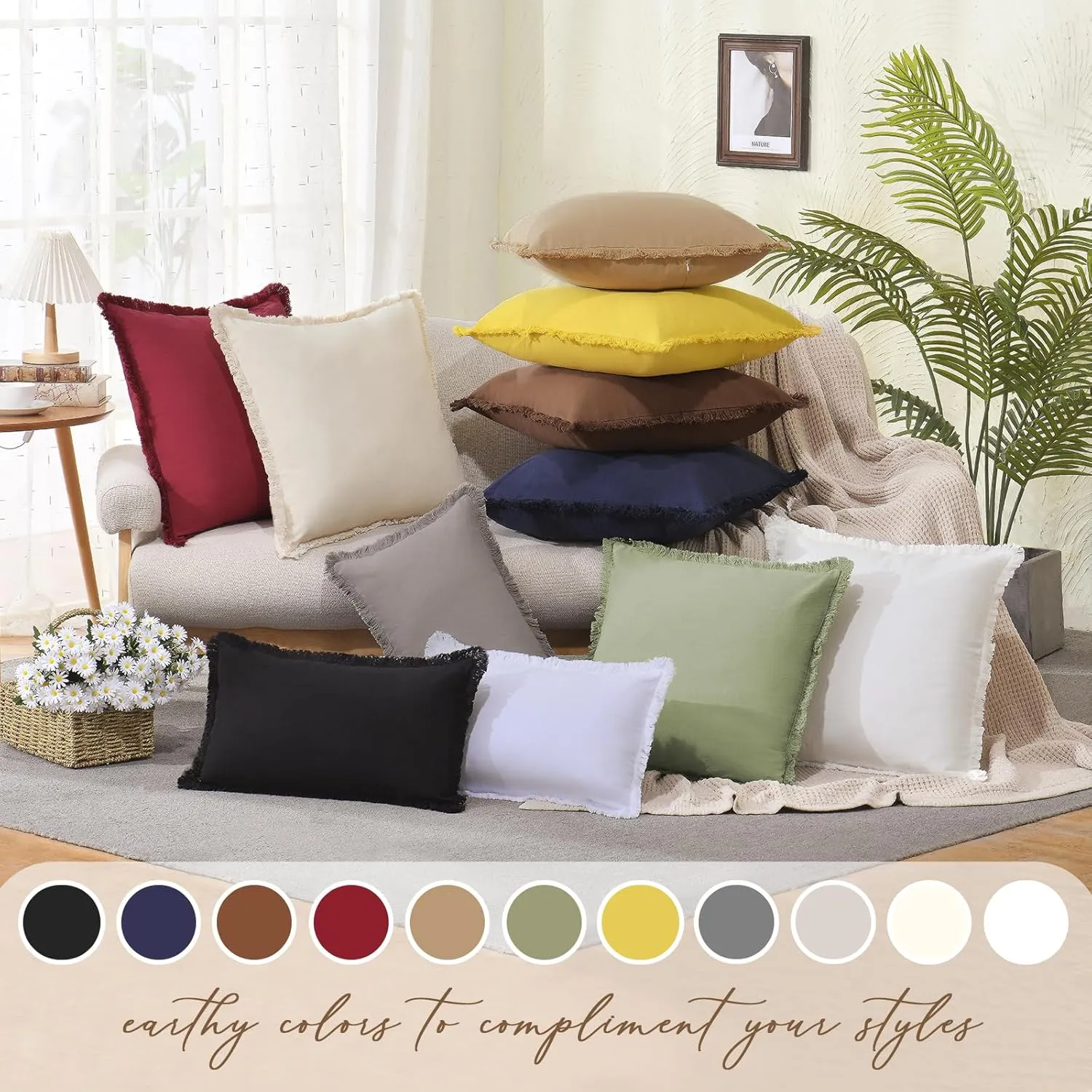 ZWJD Pillow Covers 24x24 Set of 2 Beige Throw Pillow Covers with Fringe Chic Cotton Decorative Pillows Square Cushion Covers for Sofa Couch Bed Living Room Farmhouse Boho Decor