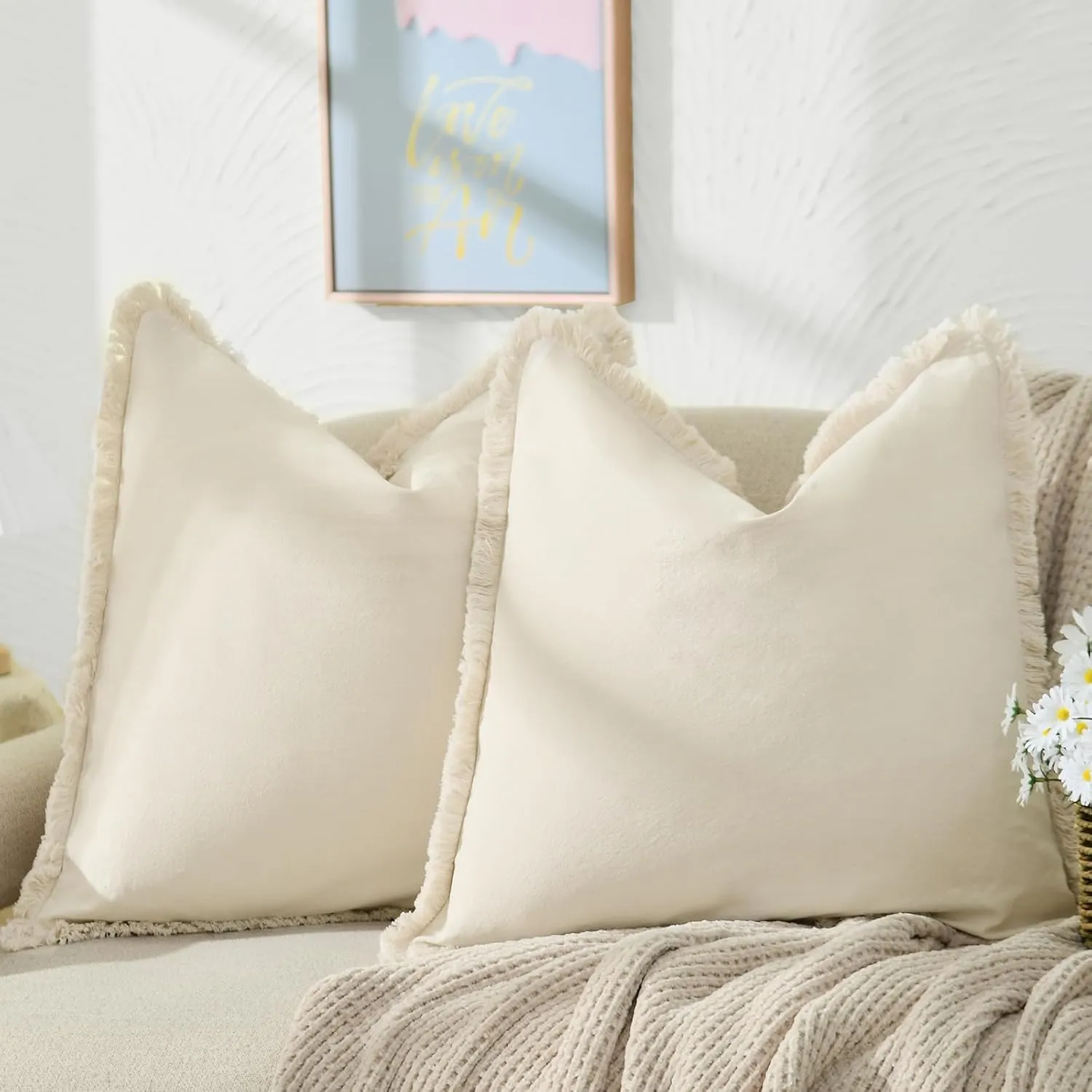 ZWJD Pillow Covers 24x24 Set of 2 Beige Throw Pillow Covers with Fringe Chic Cotton Decorative Pillows Square Cushion Covers for Sofa Couch Bed Living Room Farmhouse Boho Decor