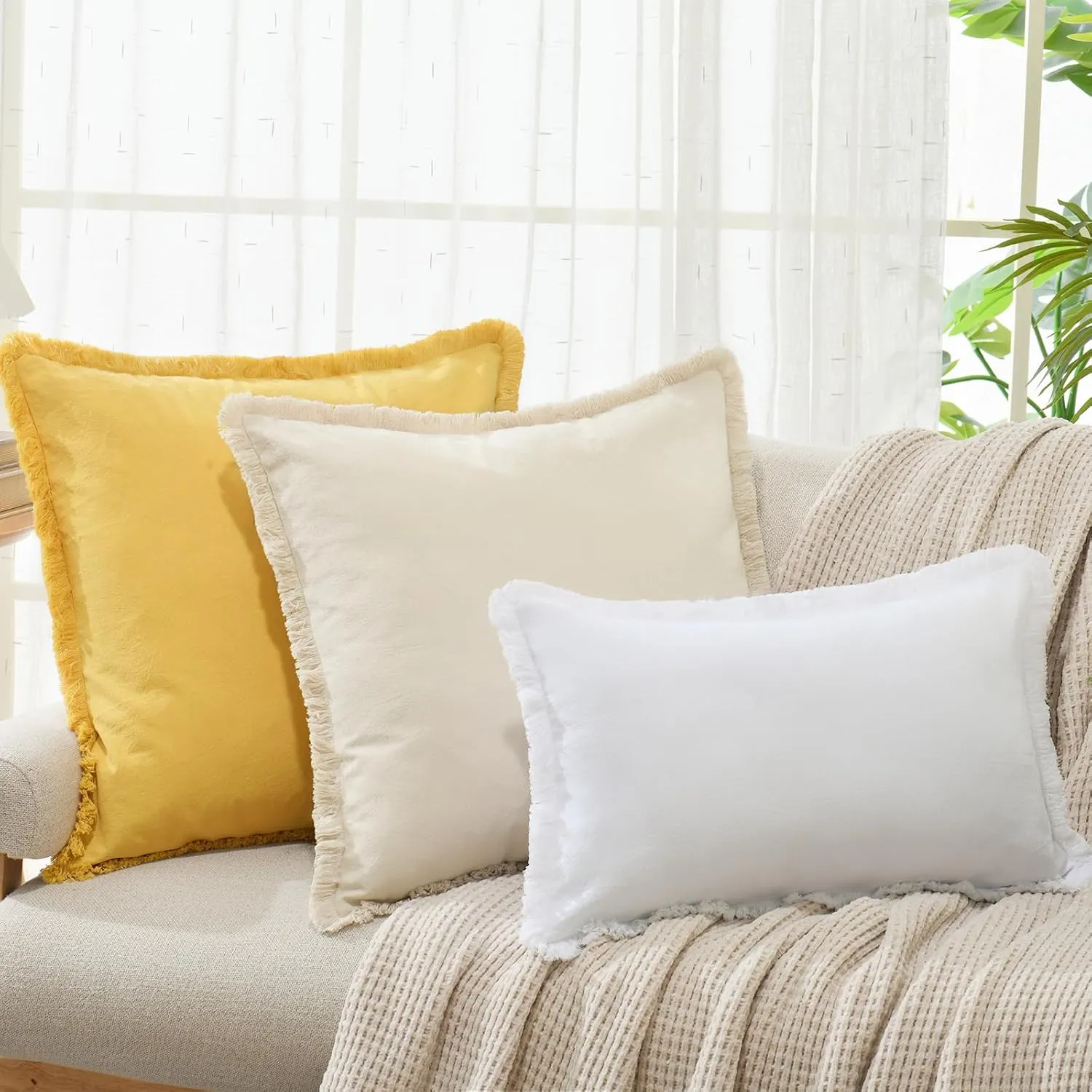 ZWJD Pillow Covers 24x24 Set of 2 Beige Throw Pillow Covers with Fringe Chic Cotton Decorative Pillows Square Cushion Covers for Sofa Couch Bed Living Room Farmhouse Boho Decor