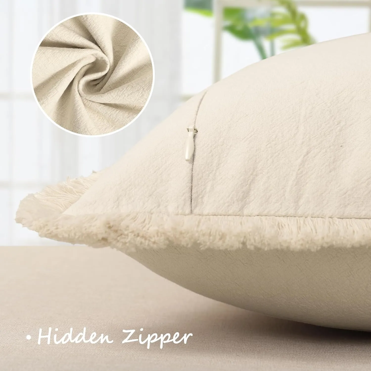 ZWJD Pillow Covers 24x24 Set of 2 Beige Throw Pillow Covers with Fringe Chic Cotton Decorative Pillows Square Cushion Covers for Sofa Couch Bed Living Room Farmhouse Boho Decor
