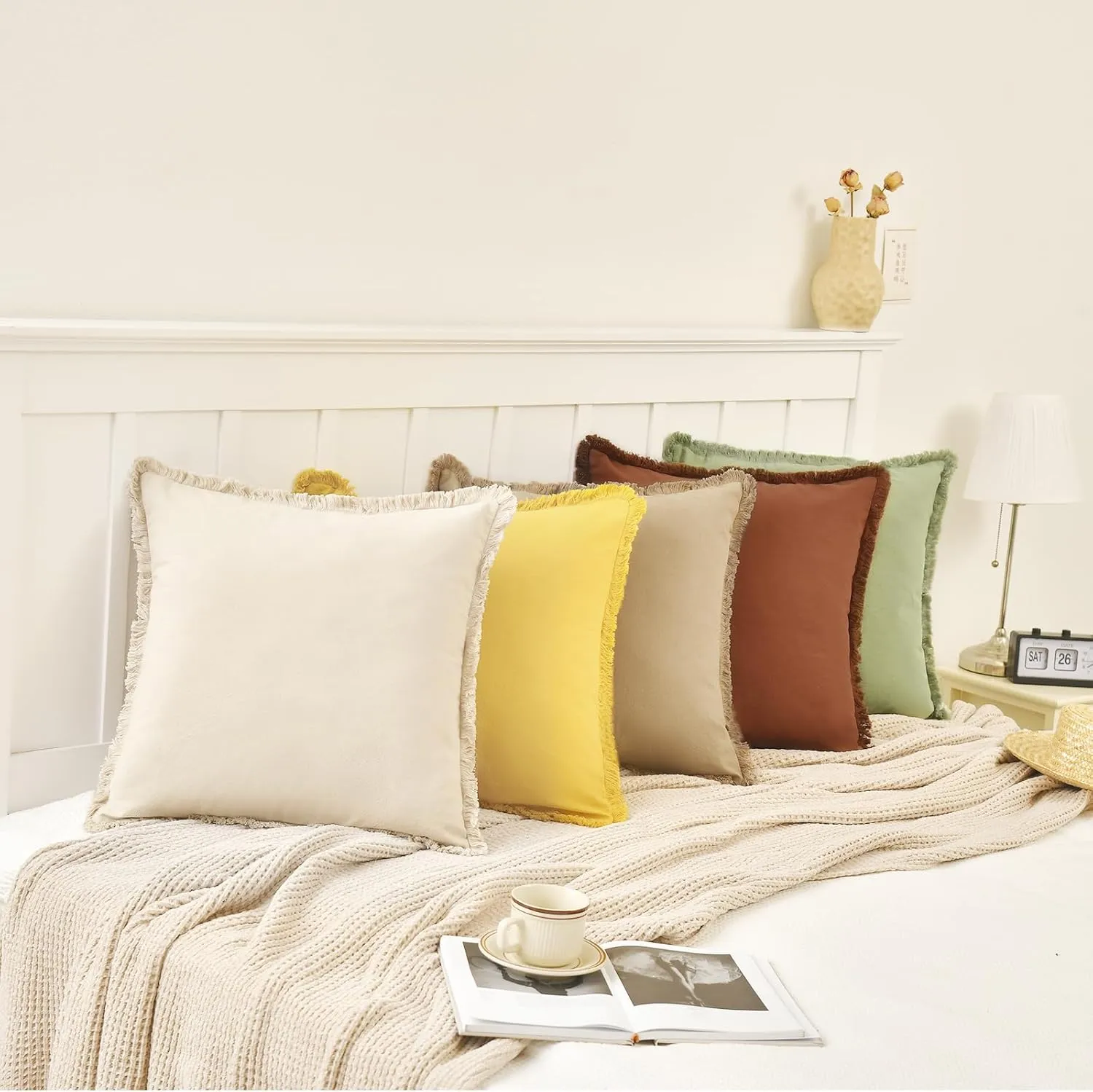 ZWJD Pillow Covers 24x24 Set of 2 Beige Throw Pillow Covers with Fringe Chic Cotton Decorative Pillows Square Cushion Covers for Sofa Couch Bed Living Room Farmhouse Boho Decor
