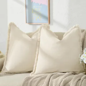 ZWJD Pillow Covers 24x24 Set of 2 Beige Throw Pillow Covers with Fringe Chic Cotton Decorative Pillows Square Cushion Covers for Sofa Couch Bed Living Room Farmhouse Boho Decor